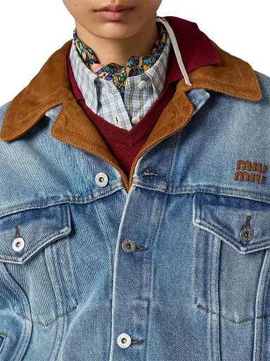 Miu Miu Women's Washed Denim and Suede Blouson Jacket - Blue - Size 8 | Thumbnail 6