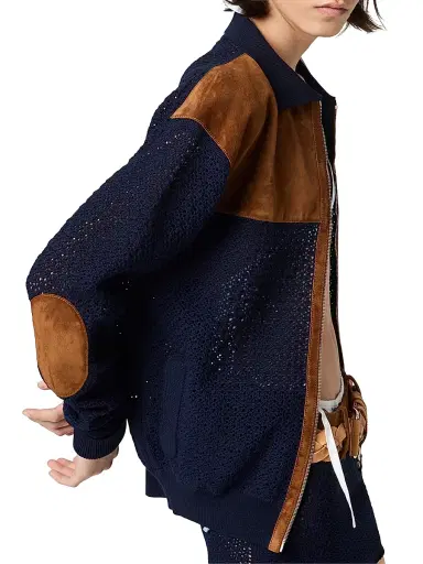 Miu Miu Women's Cotton Crochet and Suede Cardigan - Blue | Thumbnail 3 Miu Miu Women's Cotton Crochet and Suede Cardigan - Blue | Thumbnail 3