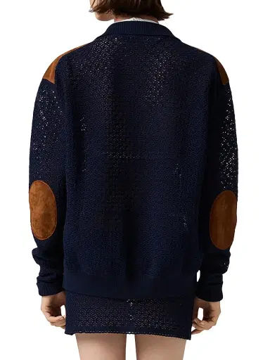 Miu Miu Women's Cotton Crochet and Suede Cardigan - Blue | Thumbnail 4 Miu Miu Women's Cotton Crochet and Suede Cardigan - Blue | Thumbnail 4
