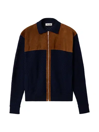 Miu Miu Women's Cotton Crochet and Suede Cardigan - Blue | Thumbnail 1 Miu Miu Women's Cotton Crochet and Suede Cardigan - Blue | Thumbnail 1