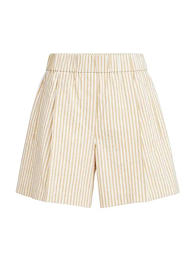 Brunello Cucinelli Women's Techno Cotton Striped Seersucker Shorts with Monili
