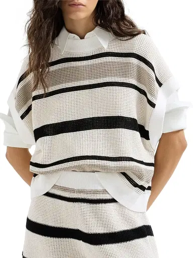 Brunello Cucinelli Women's Striped Cotton Net Knit T-Shirt - White | Thumbnail 2 Brunello Cucinelli Women's Striped Cotton Net Knit T-Shirt - White | Thumbnail 2
