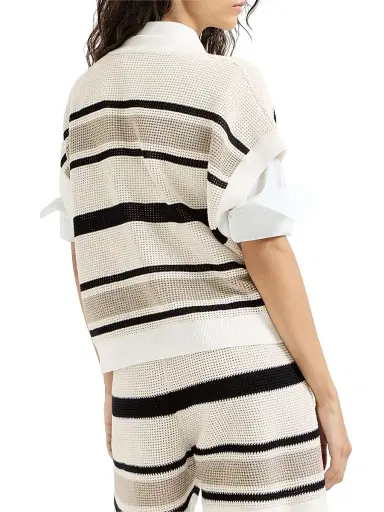Brunello Cucinelli Women's Striped Cotton Net Knit T-Shirt - White | Thumbnail 3 Brunello Cucinelli Women's Striped Cotton Net Knit T-Shirt - White | Thumbnail 3
