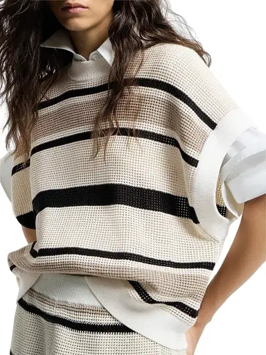 Brunello Cucinelli Women's Striped Cotton Net Knit T-Shirt - White | Thumbnail 4 Brunello Cucinelli Women's Striped Cotton Net Knit T-Shirt - White | Thumbnail 4