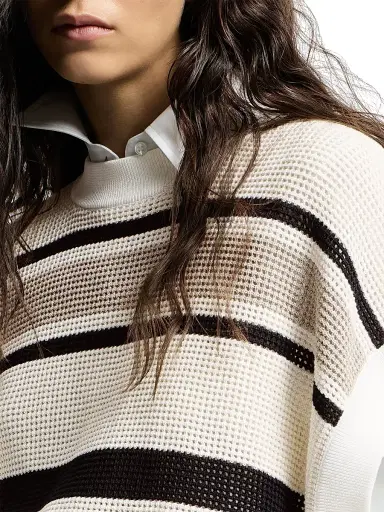 Brunello Cucinelli Women's Striped Cotton Net Knit T-Shirt - White | Thumbnail 5 Brunello Cucinelli Women's Striped Cotton Net Knit T-Shirt - White | Thumbnail 5