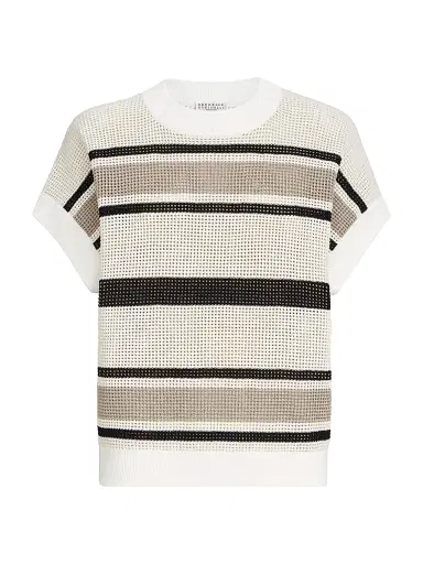 Brunello Cucinelli Women's Striped Cotton Net Knit T-Shirt - White | Thumbnail 1 Brunello Cucinelli Women's Striped Cotton Net Knit T-Shirt - White | Thumbnail 1