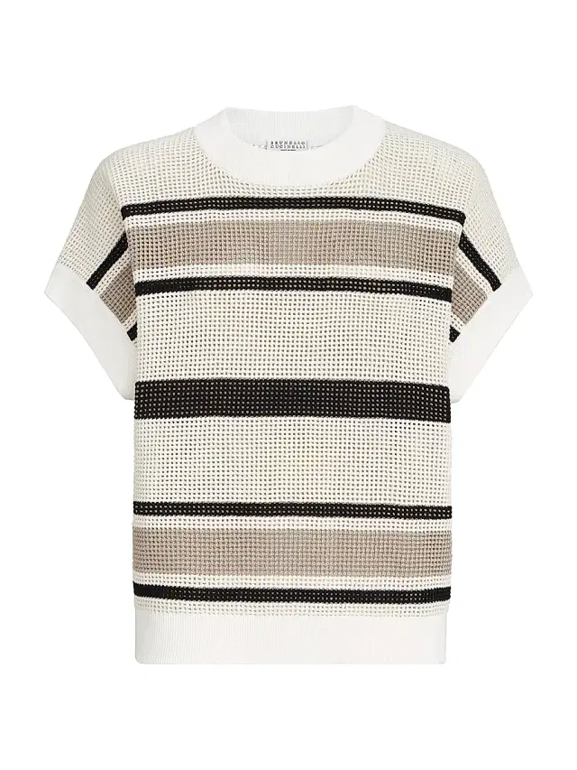 Brunello Cucinelli Women's Striped Cotton Net Knit T-Shirt - White