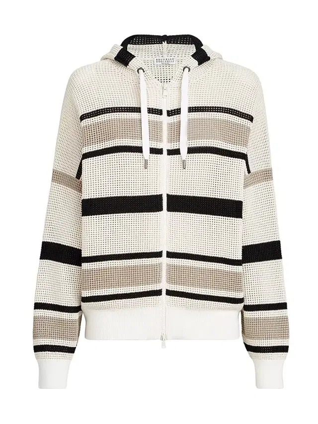 Brunello Cucinelli Women's Striped Cotton Net Hooded Cardigan with Zipper