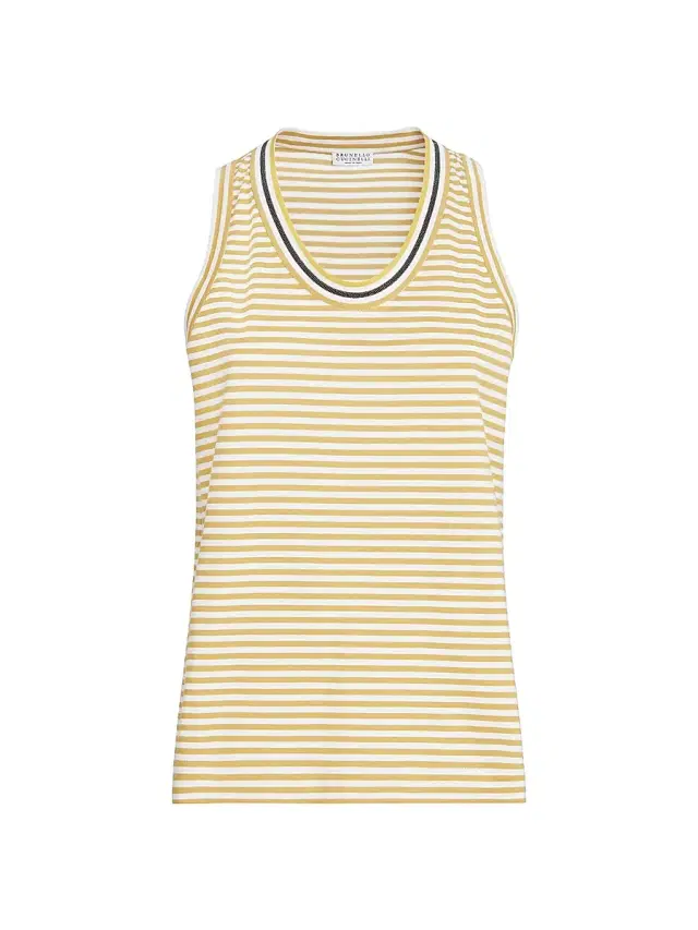 Brunello Cucinelli Women's Striped Cotton Jersey Top with Precious Neckline - Yellow