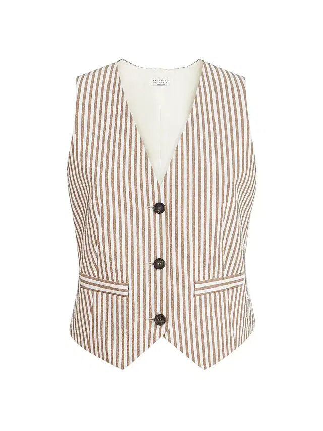 Brunello Cucinelli Women's Techno Cotton Striped Seersucker Vest - Beige