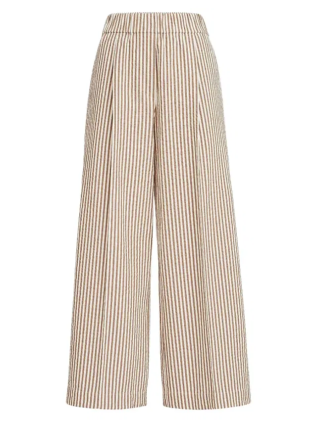 Brunello Cucinelli Women's Techno Cotton Striped Seersucker Baggy Track Trousers with Monili - Beige