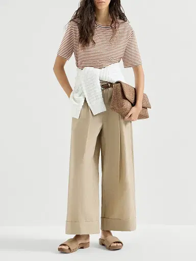 Brunello Cucinelli Women's Striped Cotton Jersey T-Shirt - Light Brown | Thumbnail 2