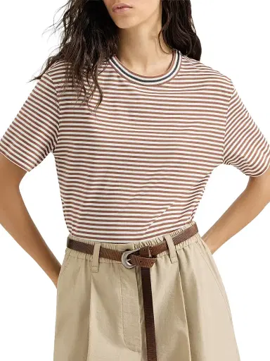 Brunello Cucinelli Women's Striped Cotton Jersey T-Shirt - Light Brown | Thumbnail 3