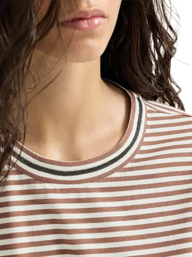 Brunello Cucinelli Women's Striped Cotton Jersey T-Shirt - Light Brown | Thumbnail 5
