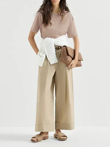 Brunello Cucinelli Women's Striped Cotton Jersey T-Shirt - Light Brown | Thumbnail 7