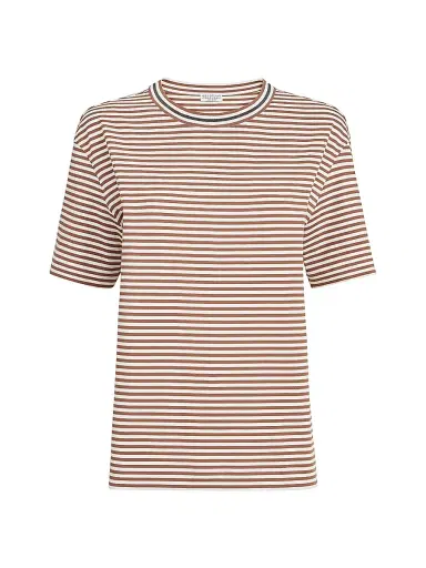 Brunello Cucinelli Women's Striped Cotton Jersey T-Shirt - Light Brown | Thumbnail 1