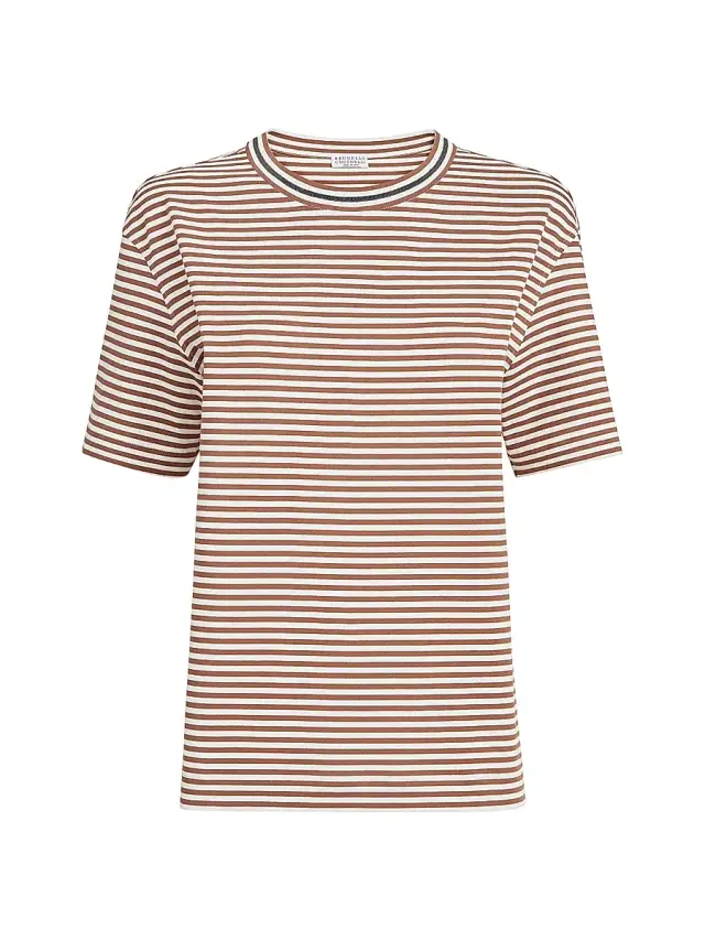 Brunello Cucinelli Women's Striped Cotton Jersey T-Shirt - Light Brown