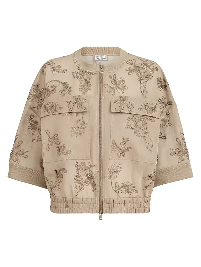 Brunello Cucinelli Women's Cotton Organza Outerwear Jacket with Dazzling Broderie Anglaise - Espresso