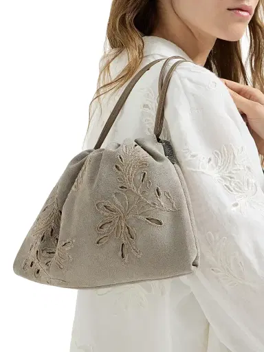 Brunello Cucinelli Women's Pouch Bag in Suede with Dazzling Broderie Anglaise and Monili | Thumbnail 2