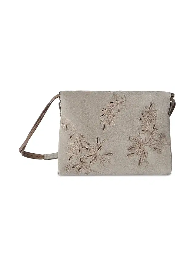 Brunello Cucinelli Women's Pouch Bag in Suede with Dazzling Broderie Anglaise and Monili - Light Grey