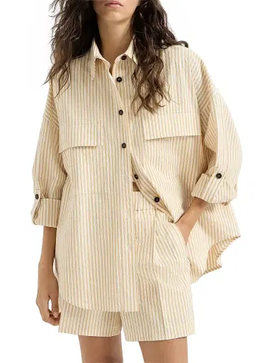 Brunello Cucinelli Women's Techno Cotton Striped Seersucker Shirt with Monili - Yellow | Thumbnail 2