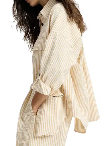 Brunello Cucinelli Women's Techno Cotton Striped Seersucker Shirt with Monili - Yellow | Thumbnail 3
