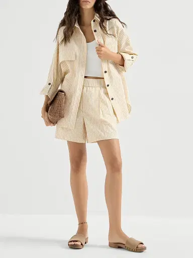 Brunello Cucinelli Women's Techno Cotton Striped Seersucker Shirt with Monili - Yellow | Thumbnail 6