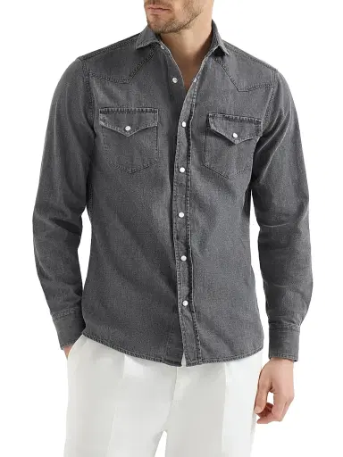 Brunello Cucinelli Men's Lightweight Denim Easy Fit Western Shirt - Dark Grey | Thumbnail 2