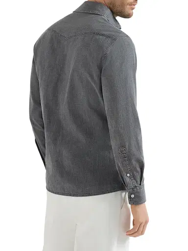 Brunello Cucinelli Men's Lightweight Denim Easy Fit Western Shirt | Thumbnail 3 Brunello Cucinelli Men's Lightweight Denim Easy Fit Western Shirt | Thumbnail 3