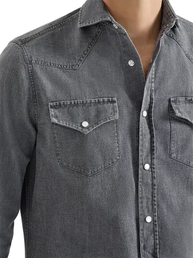 Brunello Cucinelli Men's Lightweight Denim Easy Fit Western Shirt - Dark Grey | Thumbnail 4