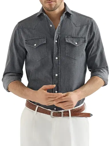 Brunello Cucinelli Men's Lightweight Denim Easy Fit Western Shirt | Thumbnail 5 Brunello Cucinelli Men's Lightweight Denim Easy Fit Western Shirt | Thumbnail 5