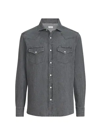 Brunello Cucinelli Men's Lightweight Denim Easy Fit Western Shirt - Dark Grey | Thumbnail 1