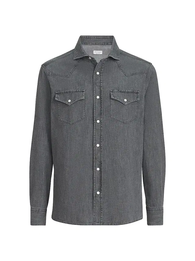 Brunello Cucinelli Men's Lightweight Denim Easy Fit Western Shirt - Dark Grey