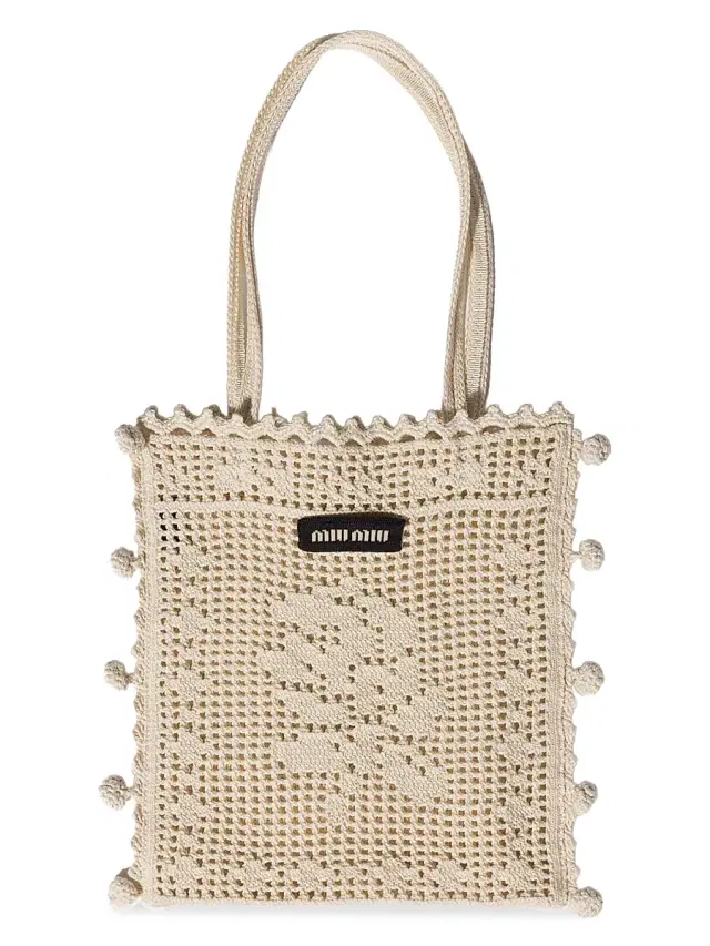 Women's Cotton Crochet Top Handle Bag - Beige Khaki
