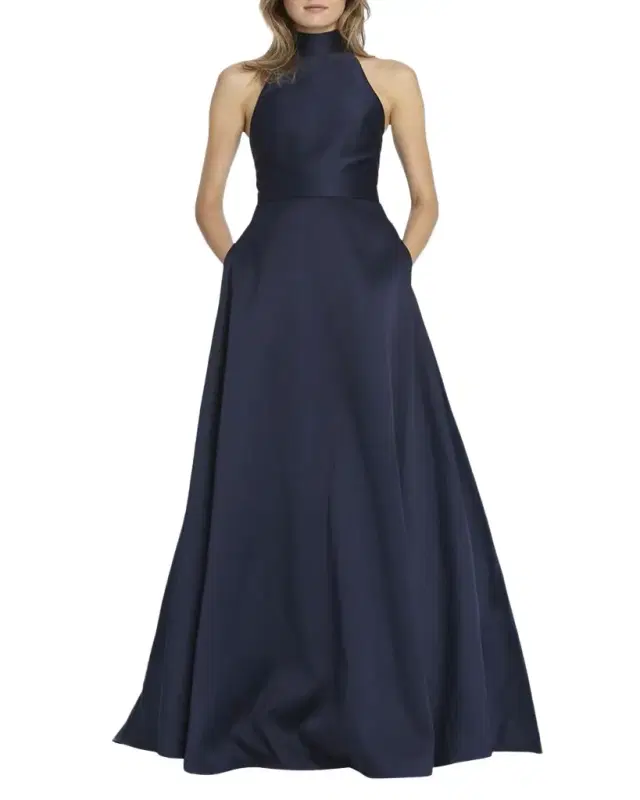 ML Monique Lhuillier High-Neck Keyhole-Back Sleeveless Ball Gown with Pockets
