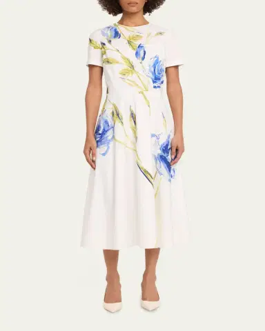 Rickie Freeman for Teri Jon Cotton Floral Print Short-Sleeve Midi Dress | Thumbnail 2