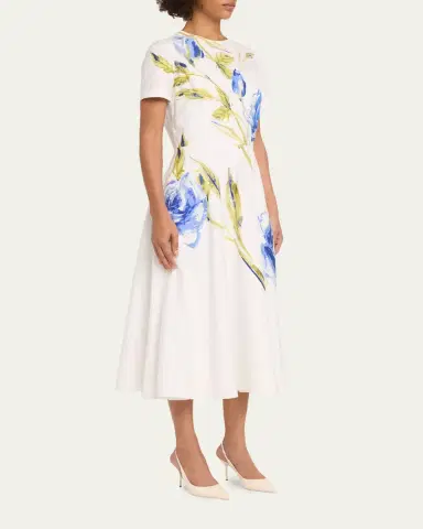 Rickie Freeman for Teri Jon Cotton Floral Print Short-Sleeve Midi Dress | Thumbnail 4