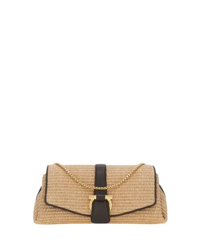 Ferragamo Leather-Trim Raffia Crossbody Bag
