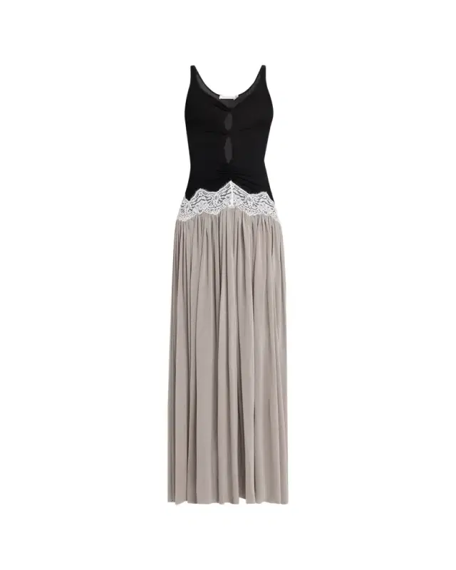 Verner Open-Twist Pleated Lace-Trim Jersey Maxi Dress