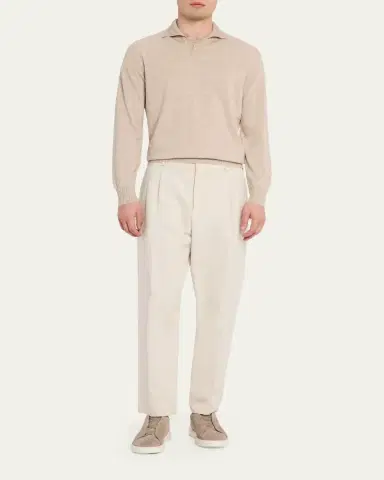 Fioroni Men's Duvet Cashmere Johnny-Collar Long-Sleeve Polo Shirt | Thumbnail 2