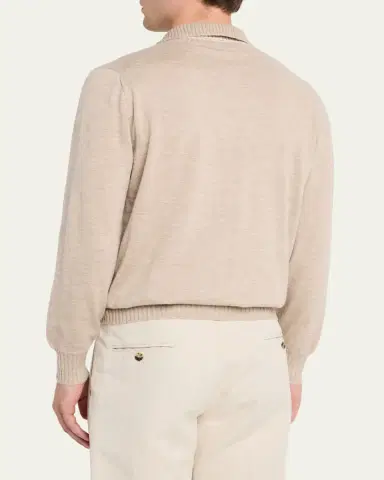 Fioroni Men's Duvet Cashmere Johnny-Collar Long-Sleeve Polo Shirt | Thumbnail 3