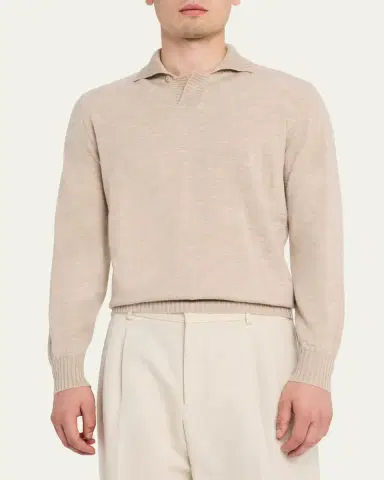 Fioroni Men's Duvet Cashmere Johnny-Collar Long-Sleeve Polo Shirt | Thumbnail 4