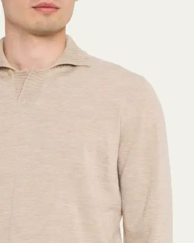 Fioroni Men's Duvet Cashmere Johnny-Collar Long-Sleeve Polo Shirt | Thumbnail 5