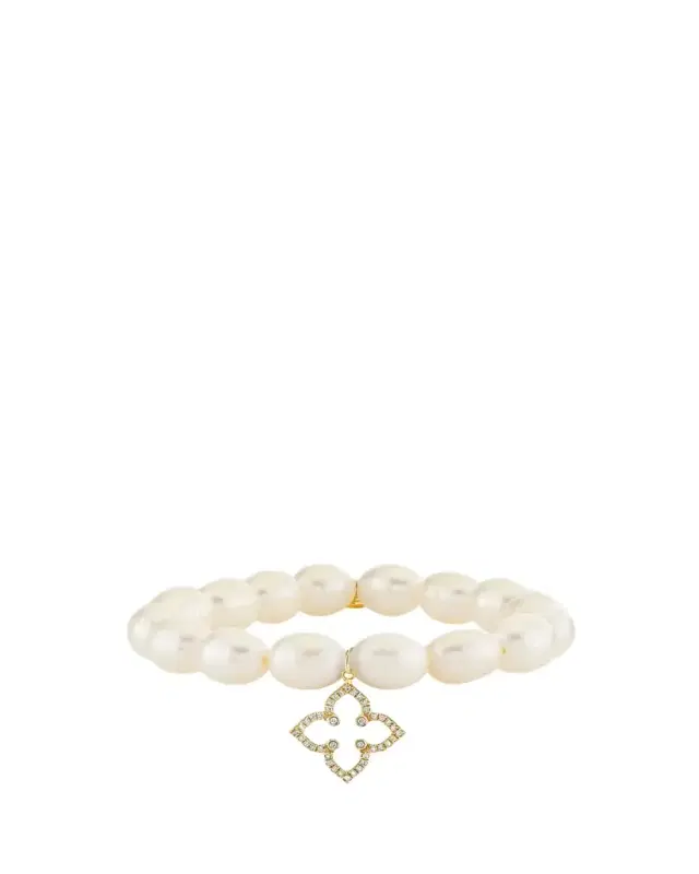 Sydney Evan 14K Diamond Moroccan Flower on Pearl Stretch Bracelet