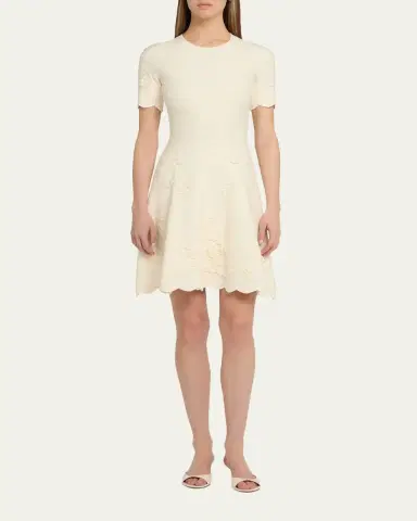 Oscar de la Renta Floral Jacquard Knit Short-Sleeve Mini Dress | Thumbnail 2 Oscar de la Renta Floral Jacquard Knit Short-Sleeve Mini Dress | Thumbnail 2