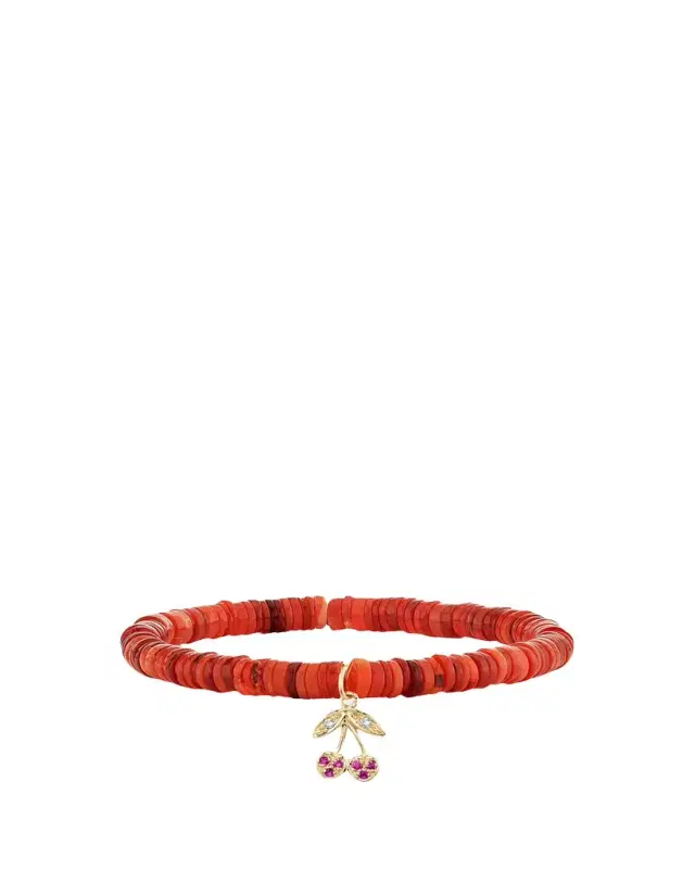 Sydney Evan 14K Diamond and Ruby Cherry on Red Opal Stretch Bracelet