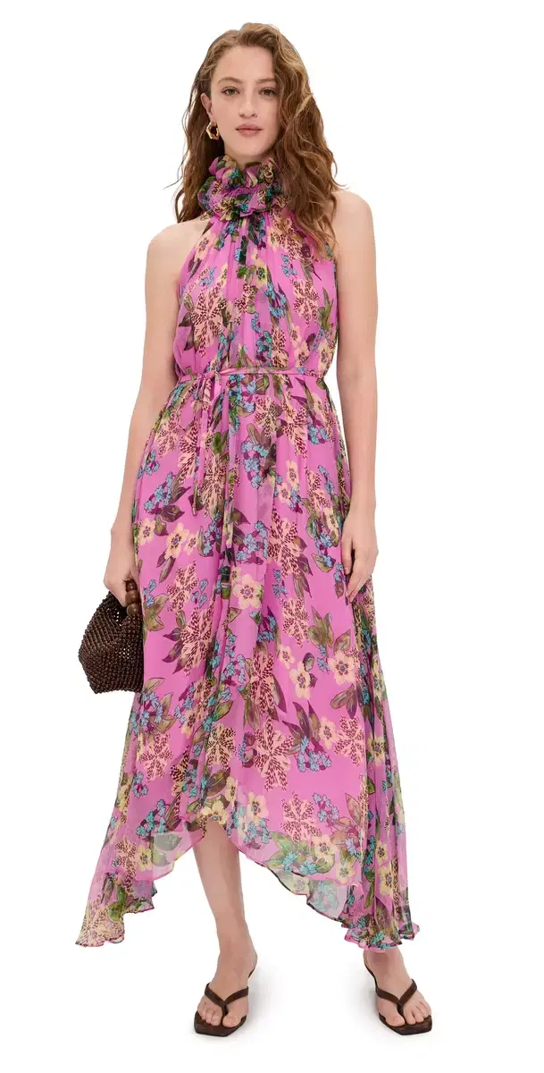 SALONI Iris Silk Ruffle Dress Fiori Peony