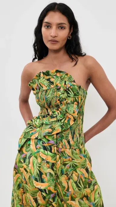 Farm Rio mocked Strapless Top Parrots Forest Green | Thumbnail 2