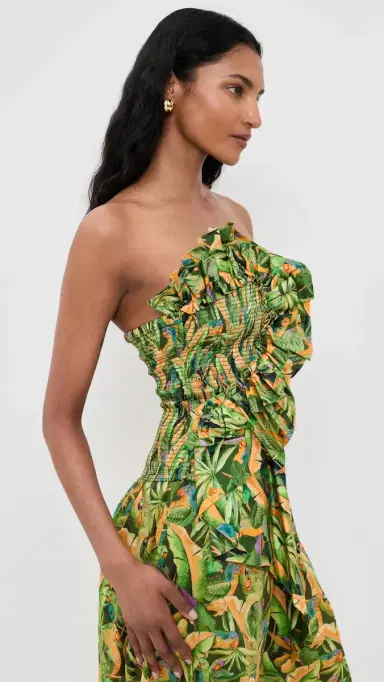 Farm Rio mocked Strapless Top Parrots Forest Green | Thumbnail 4