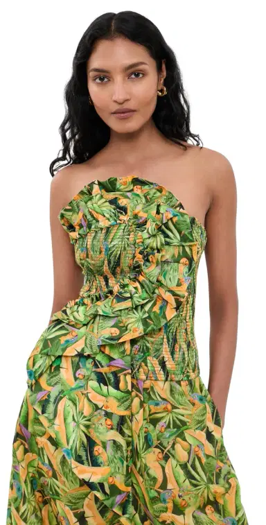 Farm Rio mocked Strapless Top Parrots Forest Green | Thumbnail 1